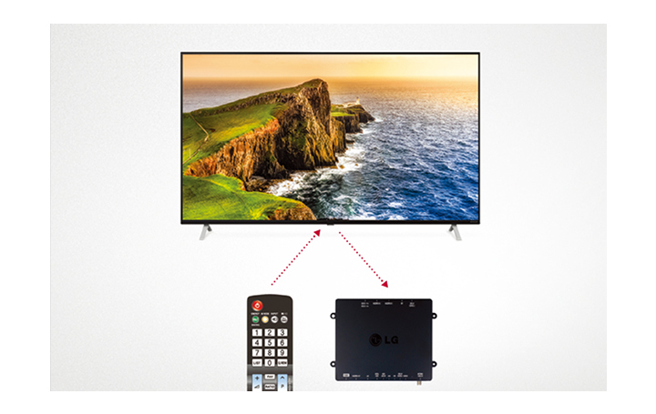 A set-top box with a remote control is controlling LG Commercial TV.