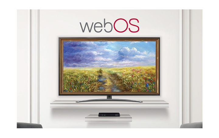 A TV connected to the STB6500 is screening an art piece with Gallery Mode based on webOS 5.0.