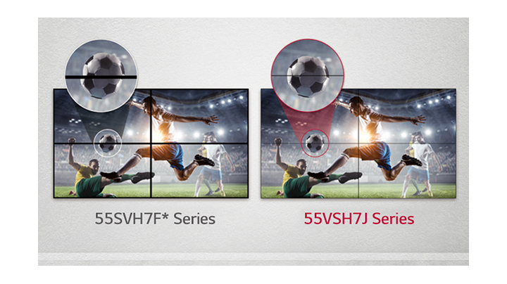A série 55VSH7J consiste em menos lacunas de imagem entre as telas lado a lado em comparação com a série 55SVH7F.  Isso melhora a experiência de visualização do conteúdo exibido, pois minimiza a perturbação visual pelas lacunas.