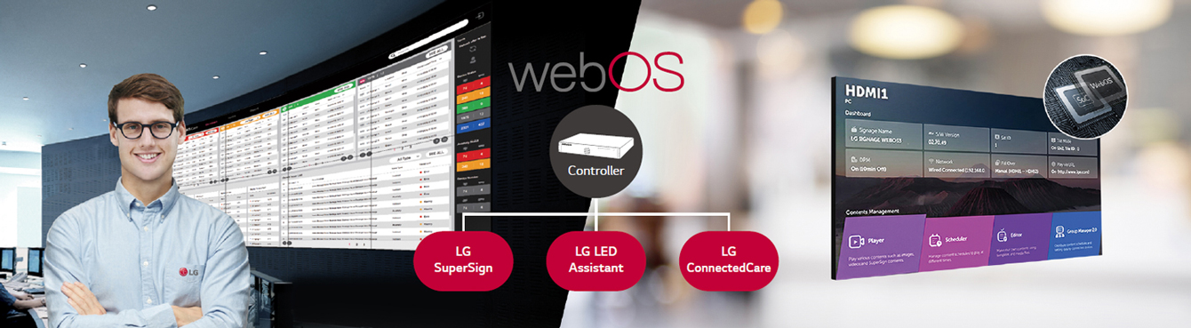The LG employee is remotely monitoring the LSBC series installed in a different place by using a cloud-based LG monitoring solution. System controller with webOS enables LSBC series to be compatible with LG software solutions.