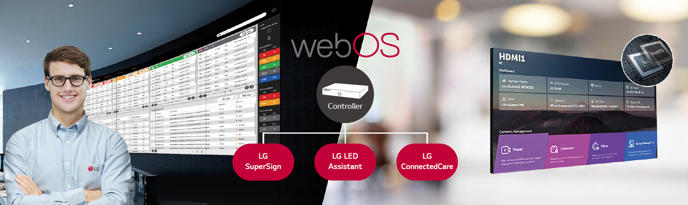 The LG employee is remotely monitoring the LWBC series installed in a different place by using a cloud-based LG monitoring solution. System controller with webOS enables LWBC series to be compatible with LG software solutions.