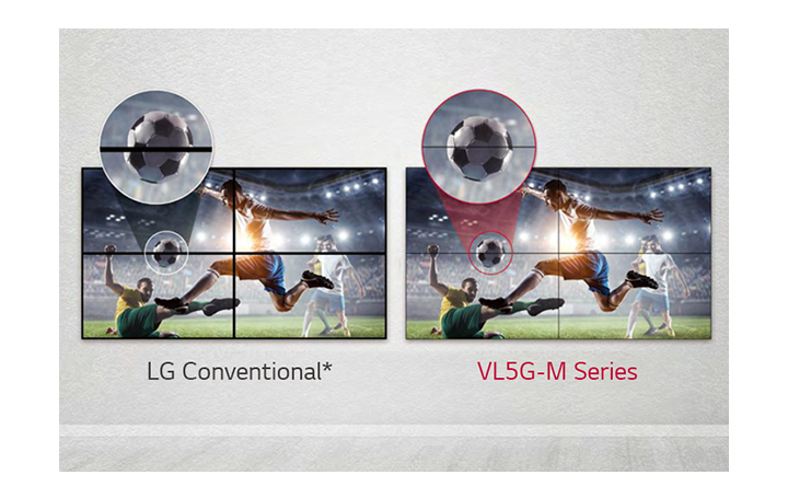Dòng VL5G-M có khoảng cách hình ảnh giữa các màn hình lát gạch ít hơn so với LG Conventional, do đó, nội dung của nó được xem tốt mà không bị nhiễu bởi khoảng cách.