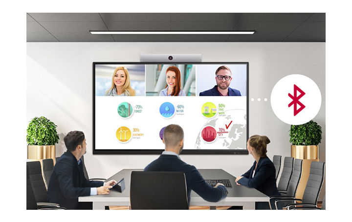 Três pessoas estão reunidas em uma sala de conferências, tendo uma reunião virtual com outras pessoas que estão aparecendo na tela.