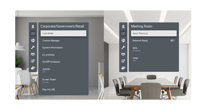 Most frequently used menus are categorized per industry in display menu. The left shows menus for "Corporate / Government / Retail" and the right menus is for "Meeting Room"