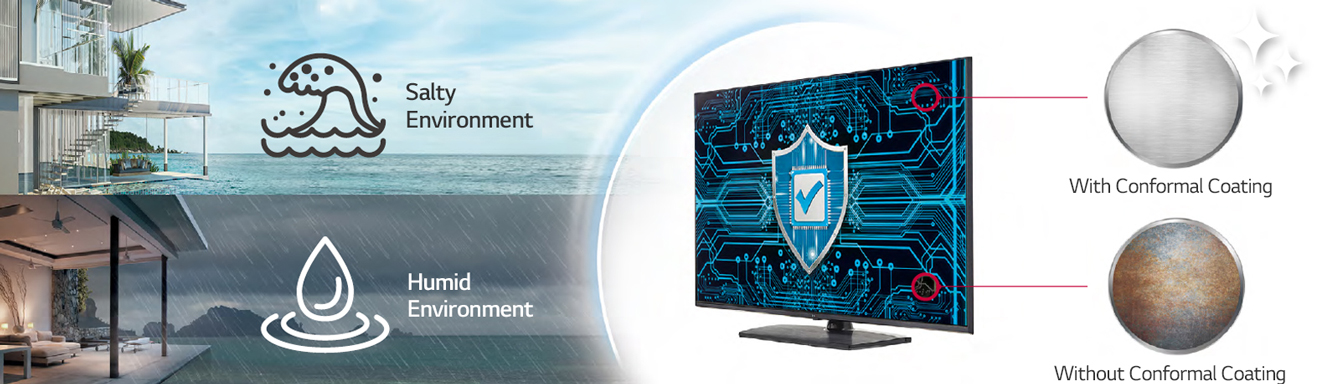 The UR series has Conformal Coating on the major circuit board (power board) to protect TVs even in a salty or humid environment.