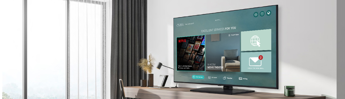 The hotel content including Netflix App is shown on TV inside the hotel room.