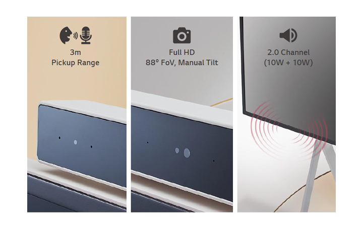The close-up images of the built-in microphones, camera, and speaker describing their key features.