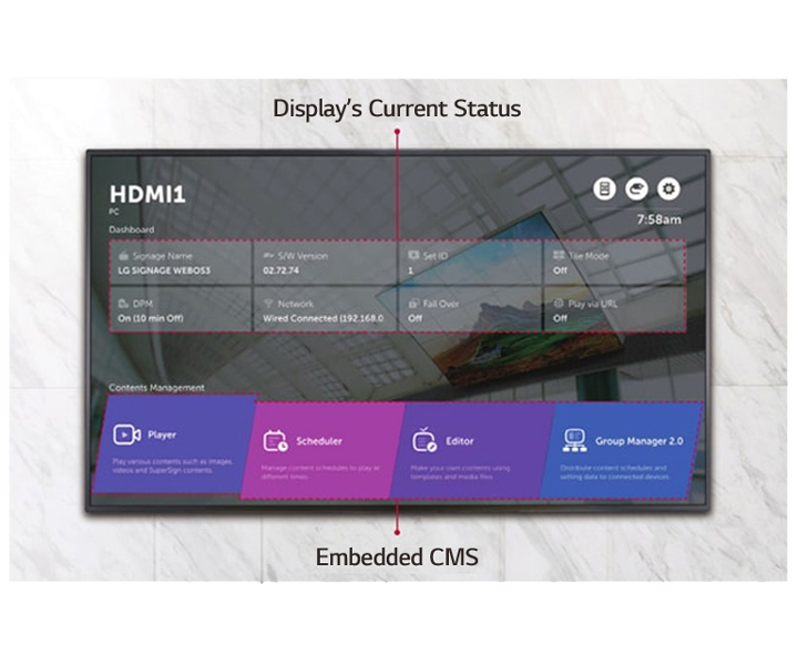 WP402 provides a home menu showing display’s current status and embedded CMS.