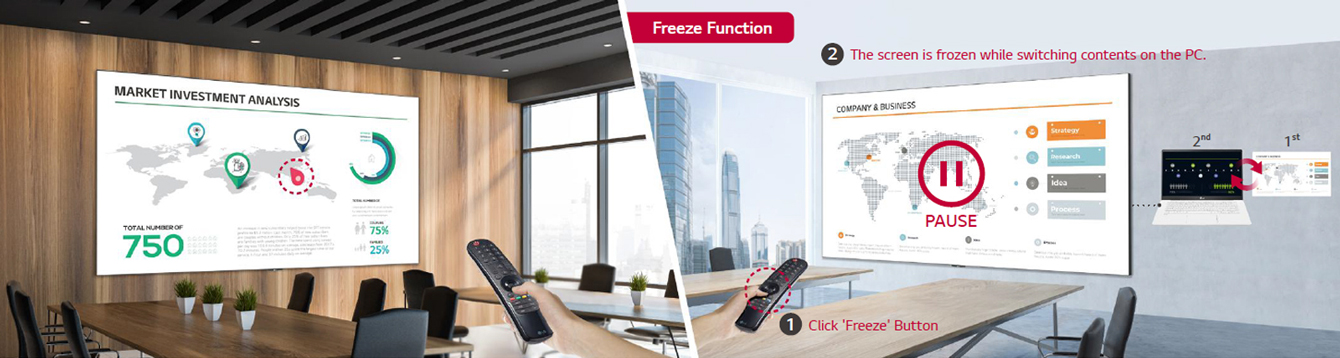 The functions of the LG Magic Remote are shown in two images. The left image show the Magic Remote’s function which allow it to be used as a laser pointer on the LAEC screen. The right image is the Freeze Function, and when the Freeze button on the Magic Remote is pressed, the LAEC screen installed on the conference room wall is paused.