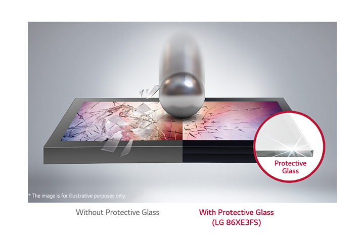 When a strong impact hits the front glass from the outside, the display without protective glass breaks, but the 86XE3FS minimizes the damage with protective glass.