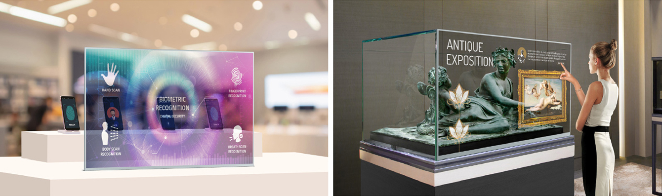 Image 1: Transparent OLED Signage is installed in front of a table upon which cell phones are displayed in a cell phone store, and the Transparent OLED Signage screen is showing a cell phone’s functions. Image 2: Transparent OLED Signage is installed in front of a statue on display in an exhibition hall, and a woman is touching the screen to check information regarding the works.
