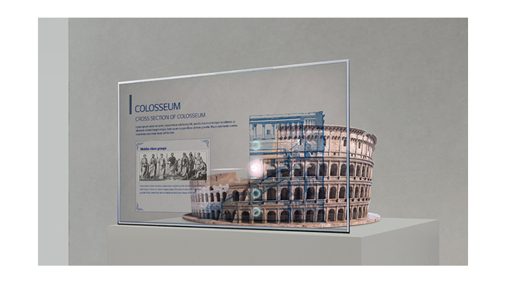 Information about the Colosseum is shown on the Transparent OLED screen set up in front of the Colosseum model.