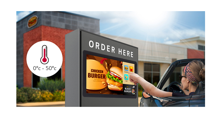 The 22XF1TJ is used as a drive-thru ordering touch kiosk. The display is working well in an environment of 0~50°C.