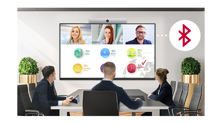 Three people are gathered in a conference room, having a virtual meeting with other people who are appearing on the screen.