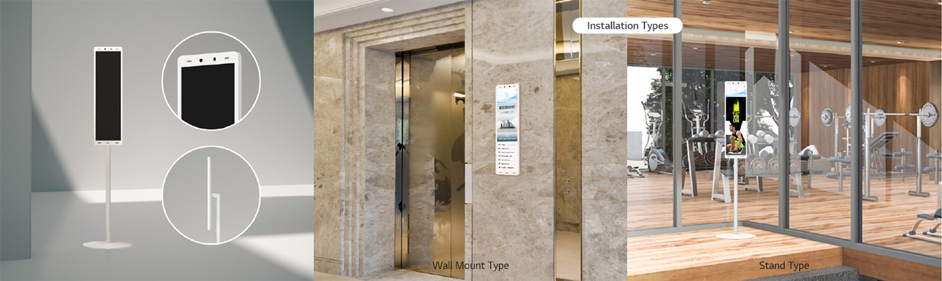 A sleek-designed 29" LG Thermal Sensing Terminal is installed in numerous ways in various spaces. It is installed as a 'Wall Mount Type' next to the elevator and as a 'Stand Type' in front of the entrance door.