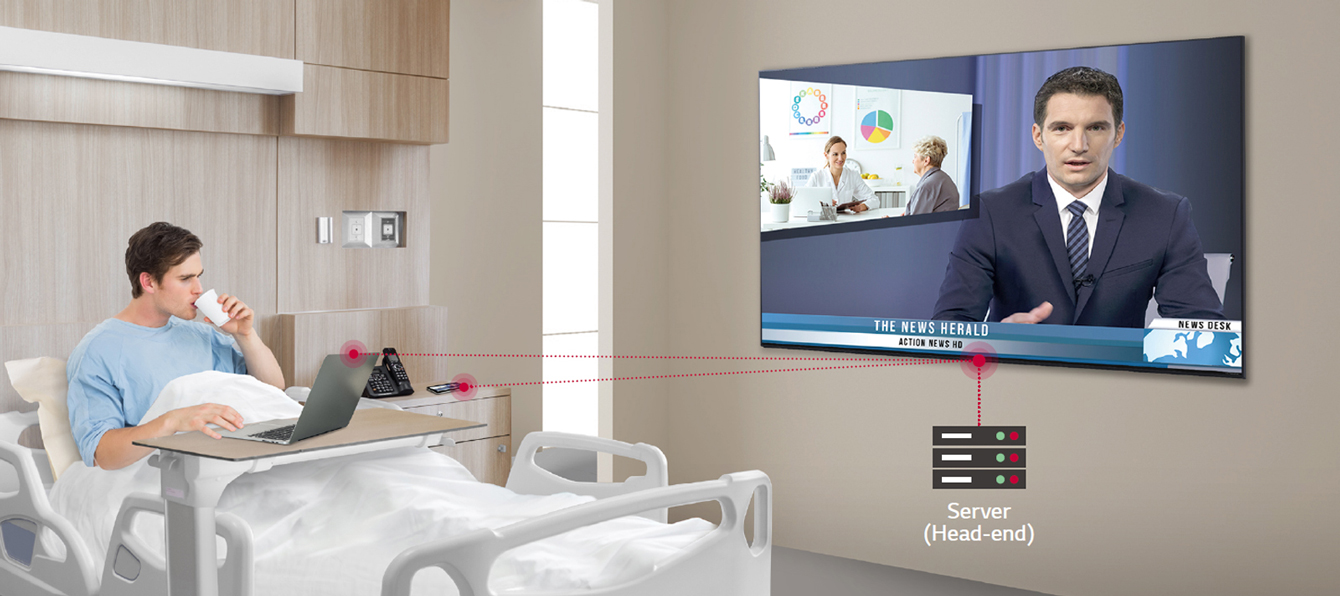 The patient lying on the bed connect his monitor wirelessly to the TV through the "virtual" Wi-Fi feature.