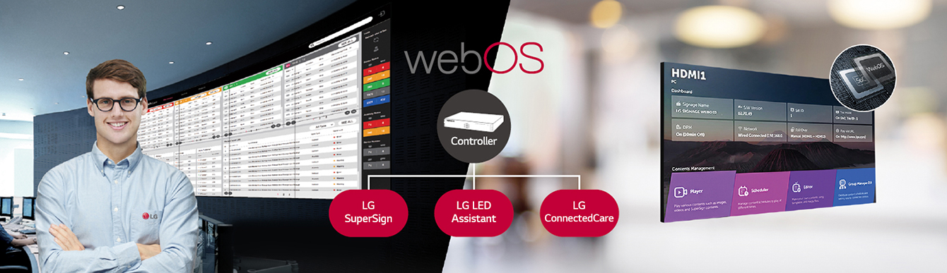 The LG employee is remotely monitoring the GNEB series installed in a different place by using a cloud-based LG monitoring solution. System controller with webOS enables GNEB series to be compatible with LG software solutions.