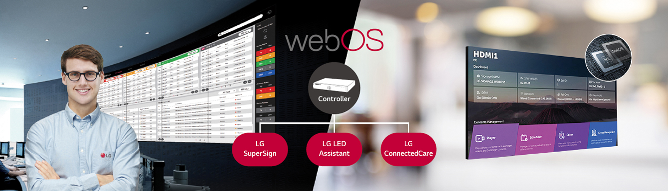 The LG employee is remotely monitoring the GSED series installed in a different place by using a cloud-based LG monitoring solution. System controller with webOS enables GSED series to be compatible with LG software solutions.