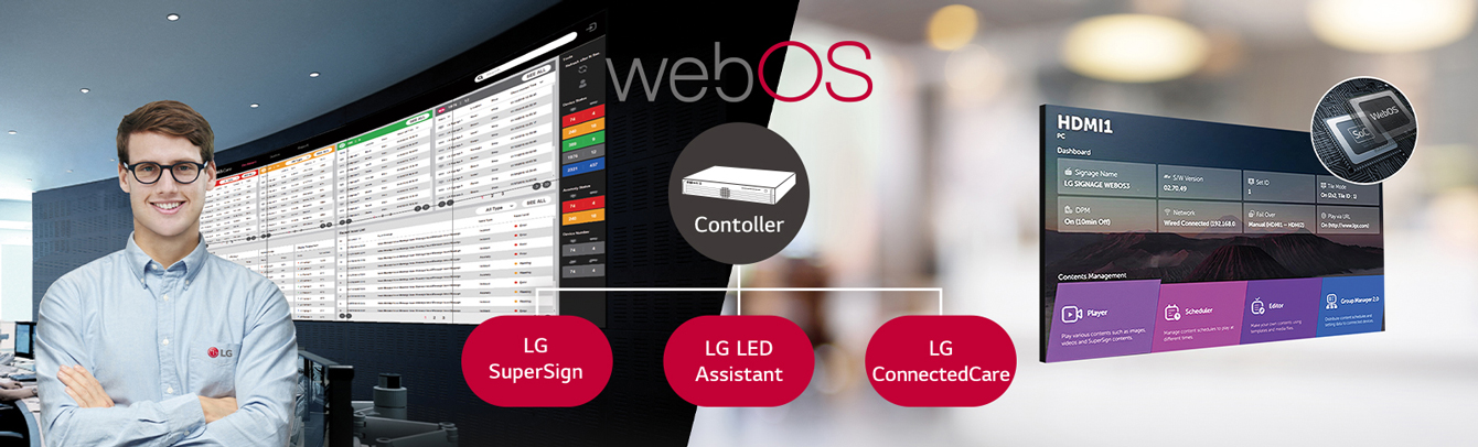 The LG employee is remotely monitoring the GSEH series installed in a different place by using a cloud-based LG monitoring solution.  System controller with webOS enables GSEH series to be compatible with LG software solutions.