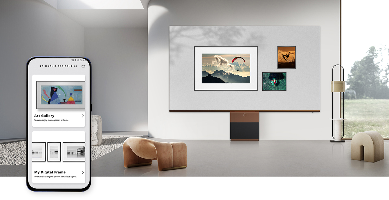Pieces of artwork are displayed on the LG MAGNIT appearing exactly like real pieces of art hung on the wall and perfectly blending with the artistic interior.