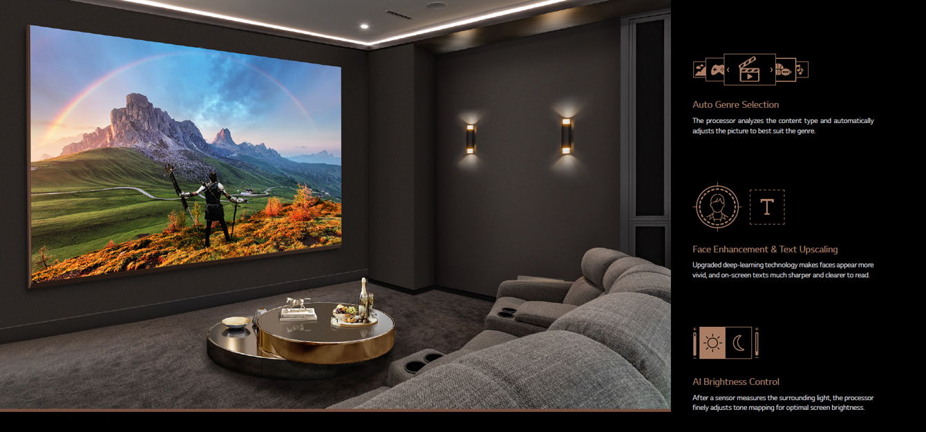 The LG MAGNIT installed in a dark room even with the luxurious vibe is automatically adjusting the brightness and tone mapping of the movie according to the environment.
