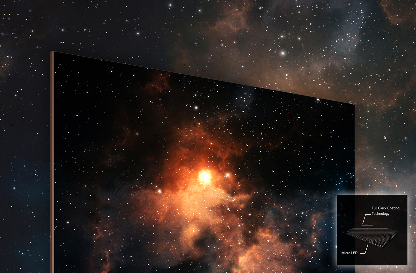 LG MAGNIT đang hiển thị một cụm sao tỏa sáng trong vũ trụ tối bằng màu sắc sâu và sống động.