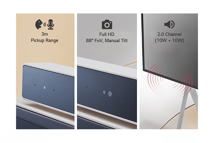The close-up images of the built-in microphones, camera, and speaker describing their key features.