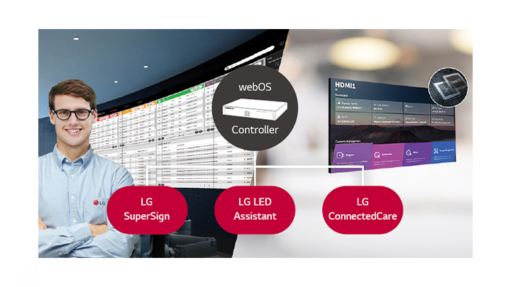 The LG employee is remotely monitoring the GPEJ series installed in a different place by using a cloud-based LG monitoring solution. System controller with webOS enables GPEJ series to be compatible with LG software solutions.