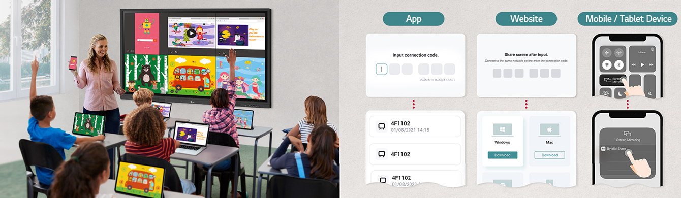 LG CreateBoard puede compartir pantallas fácilmente con múltiples dispositivos en tiempo real a través de una aplicación y un sitio web.