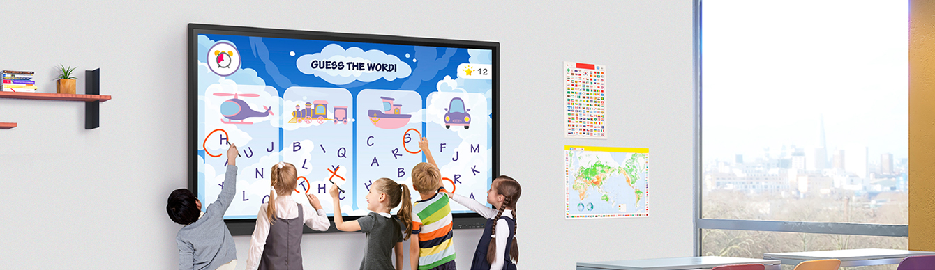 In the classroom, several students are simultaneously writing on the LG CreateBoard screen. 