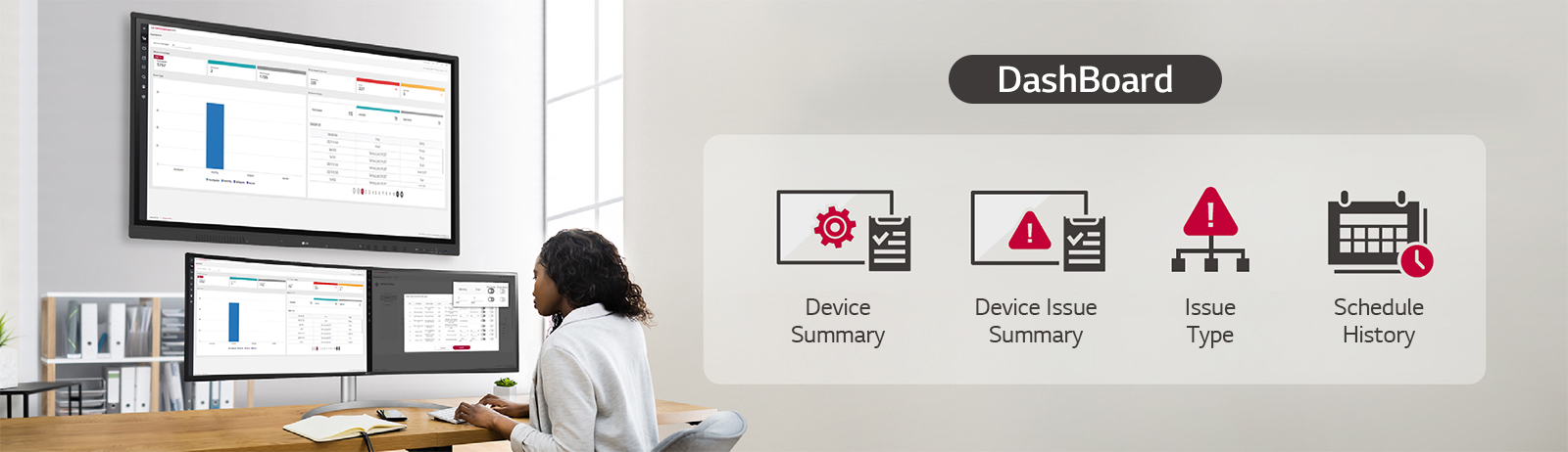 An IT manager is managing/controlling the status of the LG CreateBoard through LG ConnectedCare DMS.