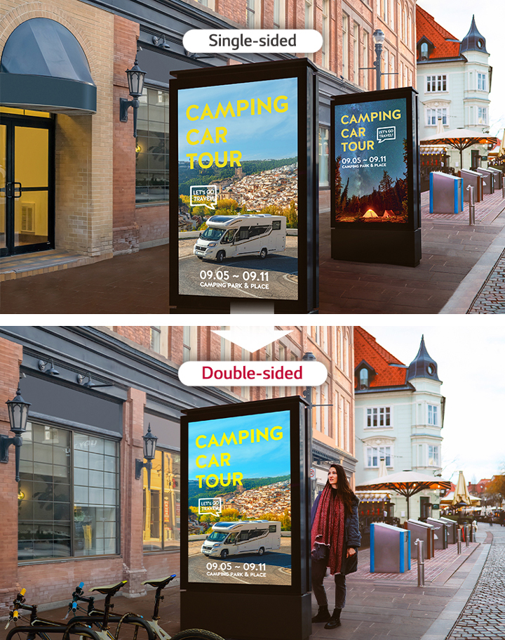 Two single-sided displays on a narrow sidewalk are very near each other, while the place where one double-sided display is installed is efficient because there is space left over.