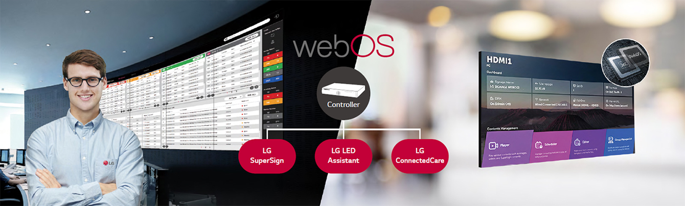 "The LG employee is remotely monitoring the LBAF series installed in a different place by using a cloud-based LG monitoring solution. System controller with webOS enables LBAF series to be compatible with LG software solutions."