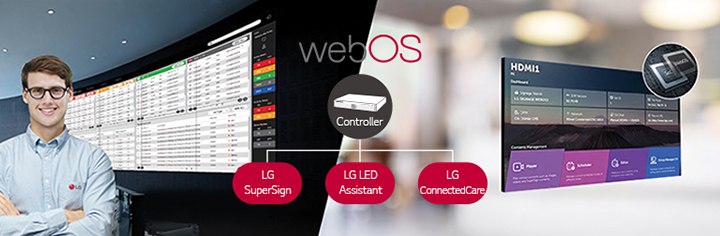 "The LG employee is remotely monitoring the LBAF series installed in a different place by using a cloud-based LG monitoring solution. System controller with webOS enables LBAF series to be compatible with LG software solutions."