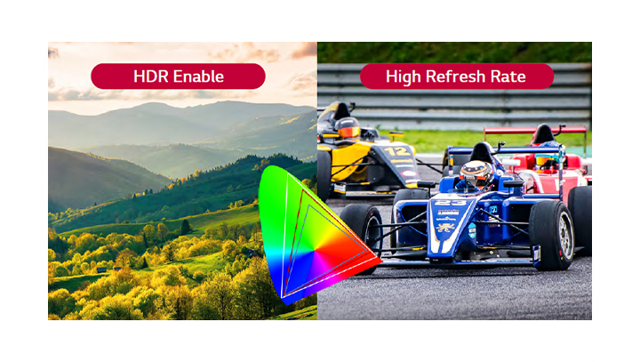 A vivid HDR-enabled screen and a screen with a high refresh rate displaying the exact color are being shown. 