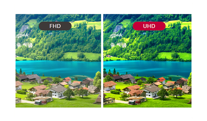 Az FHD elmosódott képét UHD-val hasonlítják össze élénk minőségű képekkel.