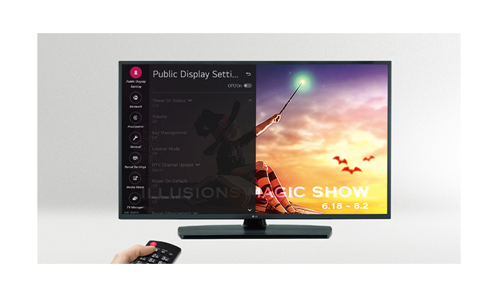 A person is controlling the TV settings with Public display mode.