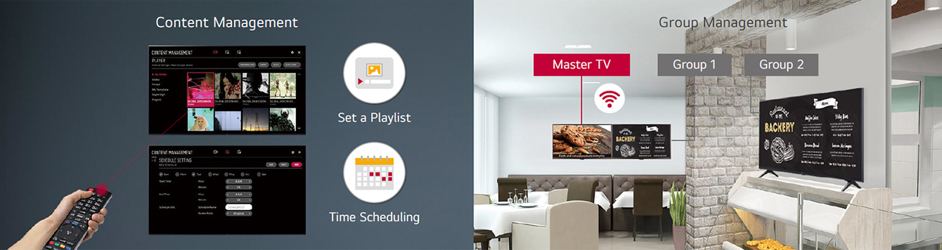 Set the playlist and the time scheduling with a remote controller easily using display embedded content management function. Group management is supervised in Master display, Group 1, and Group 2 displays.  