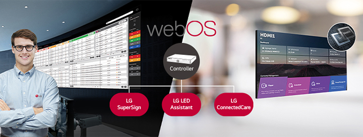 The LG employee is remotely monitoring the LSBE series installed in a different place by using a cloud-based LG monitoring solution. System controller with webOS enables the LSBE series to be compatible with LG software solutions.