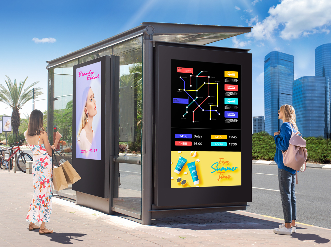 Two large-sized displays are installed at a bus stop. One woman is looking at the vivid-quality advertisement, while the other woman is looking at the bus route map.
