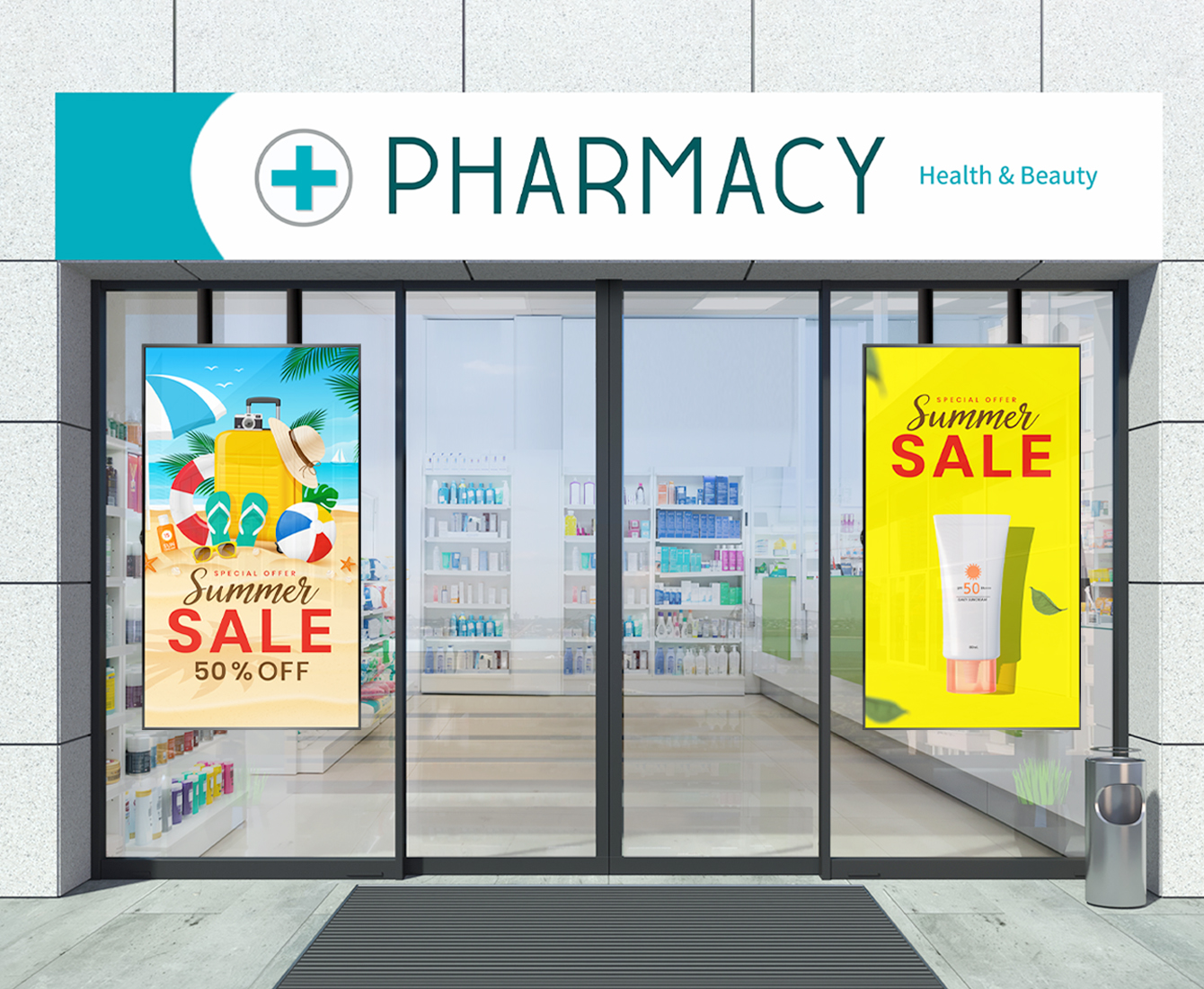 Inside the pharmacy, there are two large displays installed —one on the left side of the store window and the other on the right—showcasing clear advertising content.