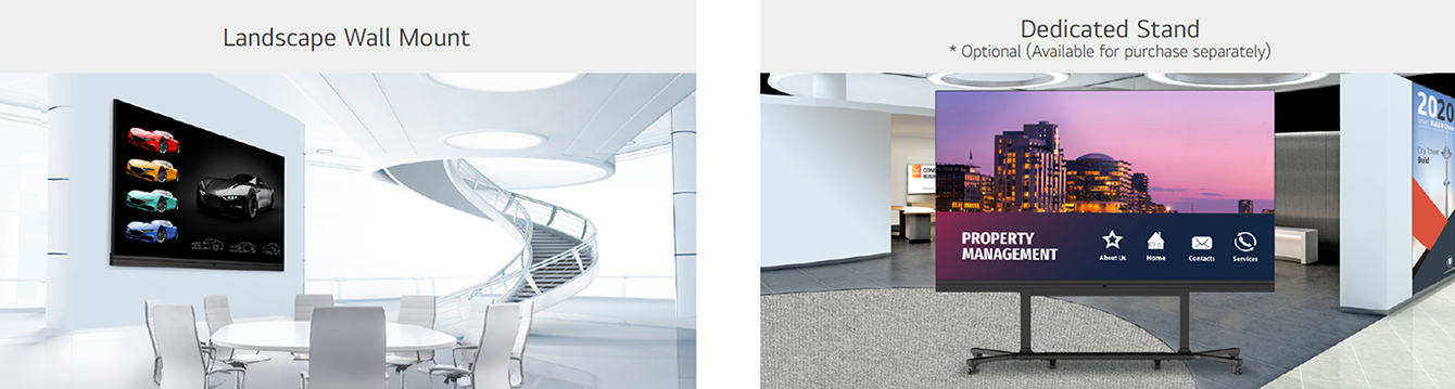 The LABA series installed on the wall of high-rise space with wall mounted, and installed with the dedicated stand are shown on the two different images. The LABA’s have been installed along with the motorized stand in an event hall.