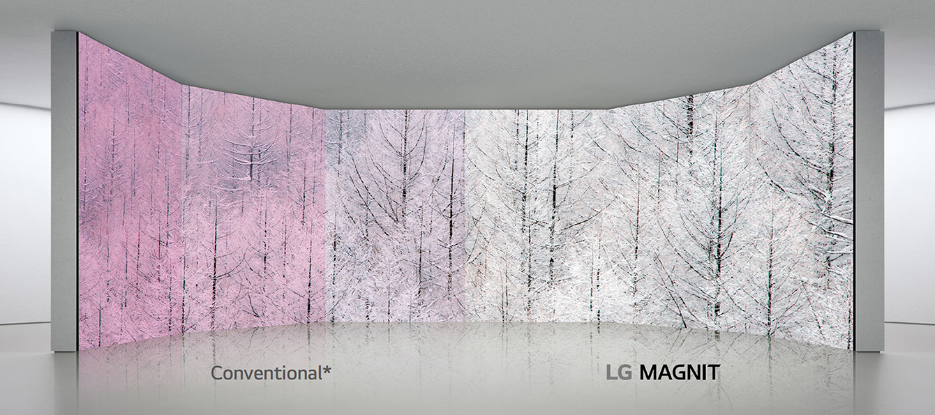 While conventional LED screens distort colors (appearing red) at different wide angles, LG MAGNIT displays accurate results across the wide viewing angle.