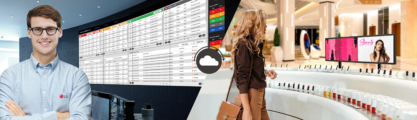 The one of LG employee is remotely monitoring the BH7N screen installed in a client workplace by using cloud-based LG monitoring solution, called LG ConnectedCare.