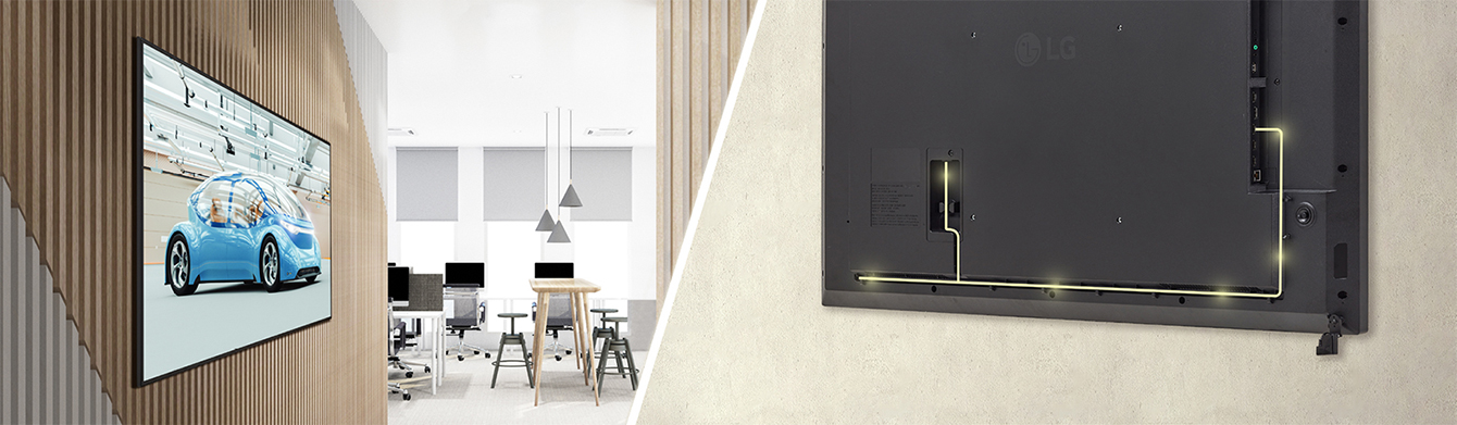 The UM5N-H with slim bezels is mounted close to the wall, showcasing a rear design that is optimized for space-saving with a simple cable management system.