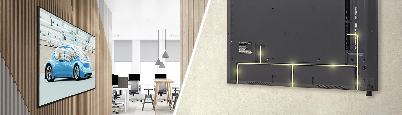 The UH7N-E with slim bezels is mounted close to the wall, showcasing a rear design that is optimized for space-saving with a simple cable management system.