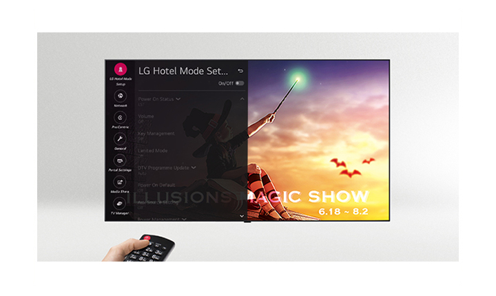 A person is controlling the TV settings with Public display mode.
