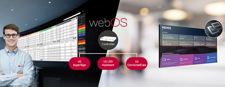 The LG employee is remotely monitoring the LSBF series installed in a different place by using a cloud-based LG monitoring solution. System controller with webOS enables LSBF series to be compatible with LG software solutions.