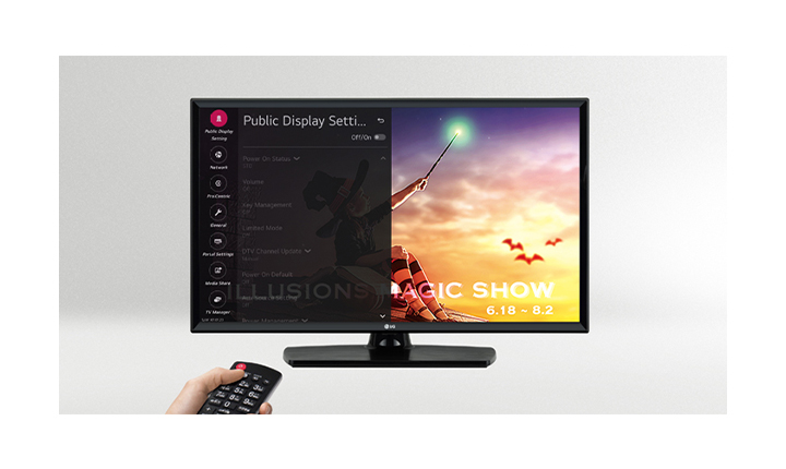 A person is controlling the TV settings with Public Display Mode(Hotel Mode).