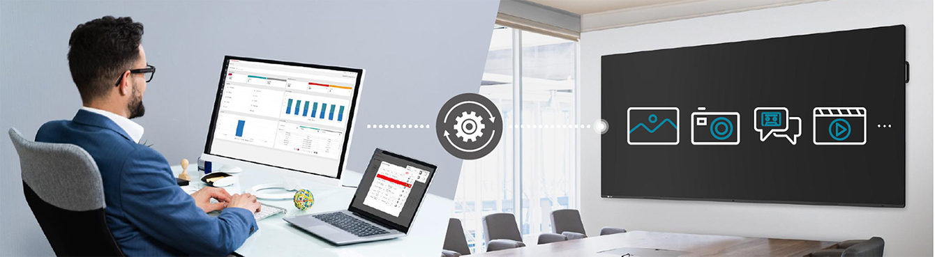 The IT administrator can remotely control and set up devices within the meeting room via LG ConnectedCare DMS.